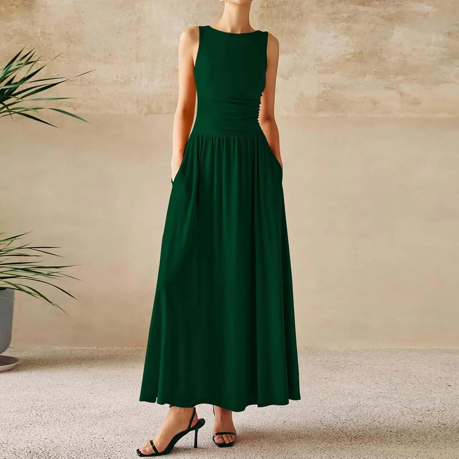 JOAU Women's Summer Tank Maxi Dress with Pockets Sleeveless A-Line Dresses Casual T-Shirt Dress Flowy Pleated Beach Sundress