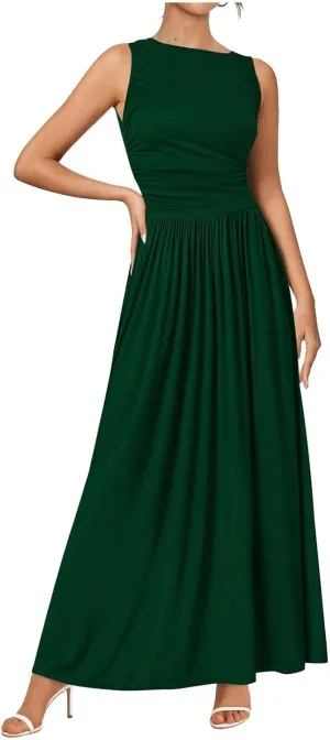 JOAU Women's Summer Tank Maxi Dress with Pockets Sleeveless A-Line Dresses Casual T-Shirt Dress Flowy Pleated Beach Sundress