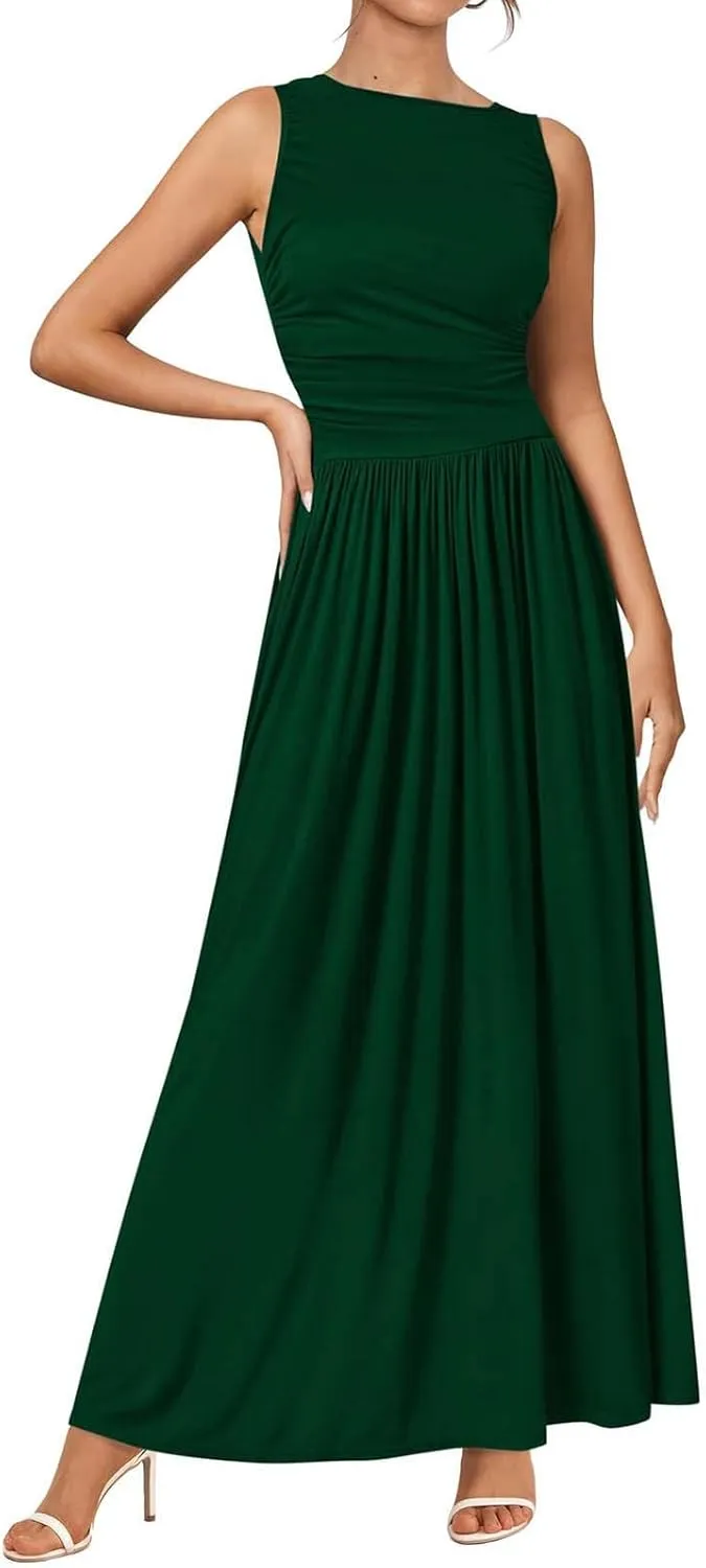 JOAU Women's Summer Tank Maxi Dress with Pockets Sleeveless A-Line Dresses Casual T-Shirt Dress Flowy Pleated Beach Sundress