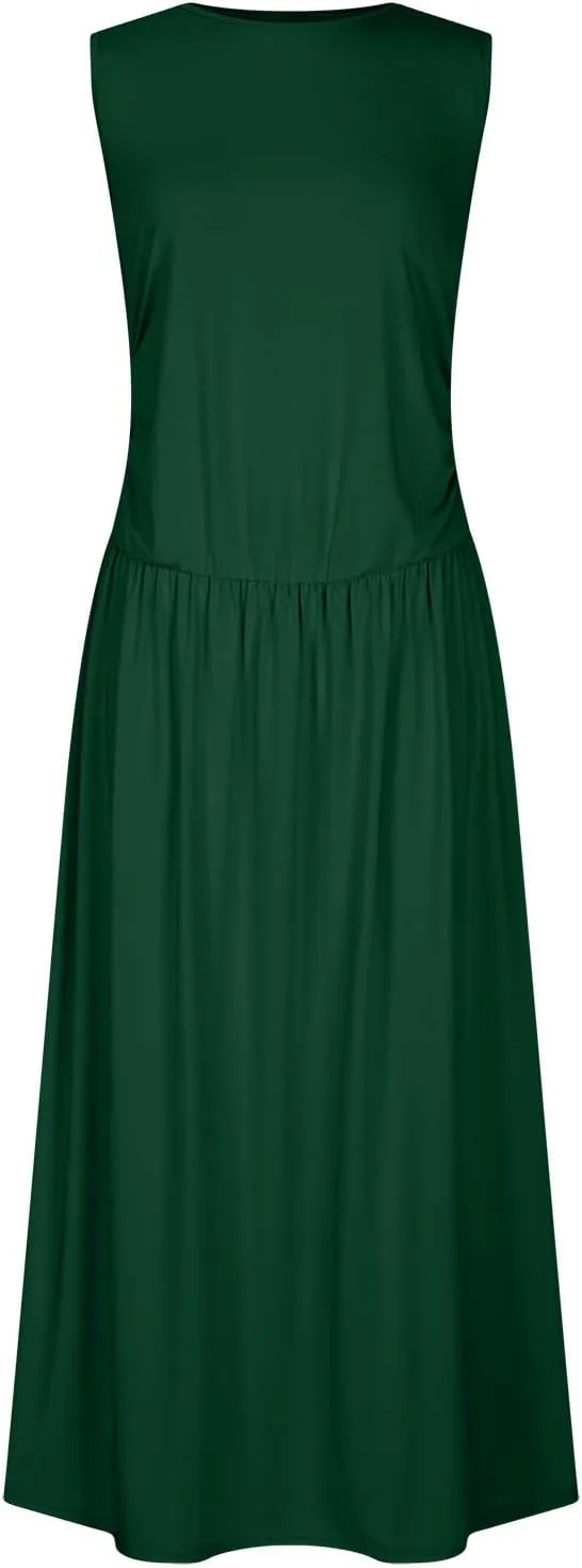 JOAU Women's Summer Tank Maxi Dress with Pockets Sleeveless A-Line Dresses Casual T-Shirt Dress Flowy Pleated Beach Sundress