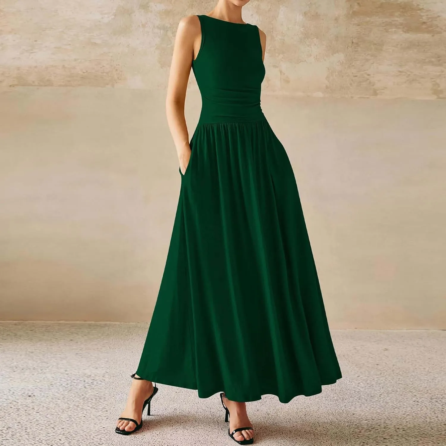 JOAU Women's Summer Tank Maxi Dress with Pockets Sleeveless A-Line Dresses Casual T-Shirt Dress Flowy Pleated Beach Sundress