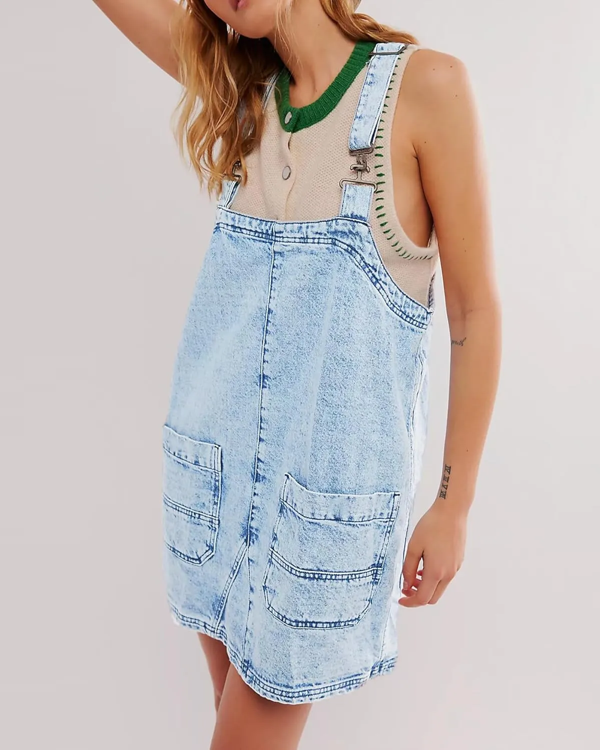 Kedera Women's Denim Overall Dress Jean Romper Mini Dress Adjustable Strap Denim Dress with Pockets