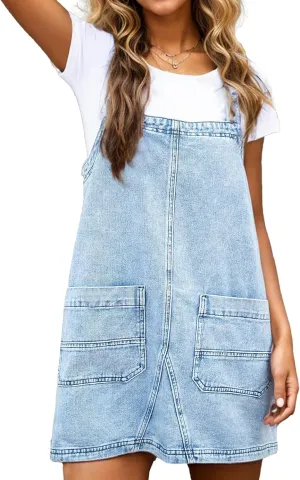 Kedera Women's Denim Overall Dress Jean Romper Mini Dress Adjustable Strap Denim Dress with Pockets