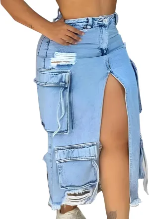LAJIOJIO Fall Slit Denim Midi Skirt Women Ripped Stretch High Waist Front Split Frayed Raw Hem Long Jeans Cargo Skirts