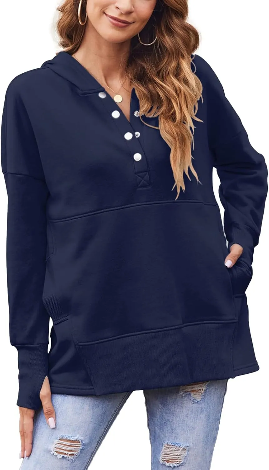 LaLaLa Women Button Down V Neck Hoodies Casual Long Sleeve Oversized Pullover Sweatshirt Hooded Tops with Pockets