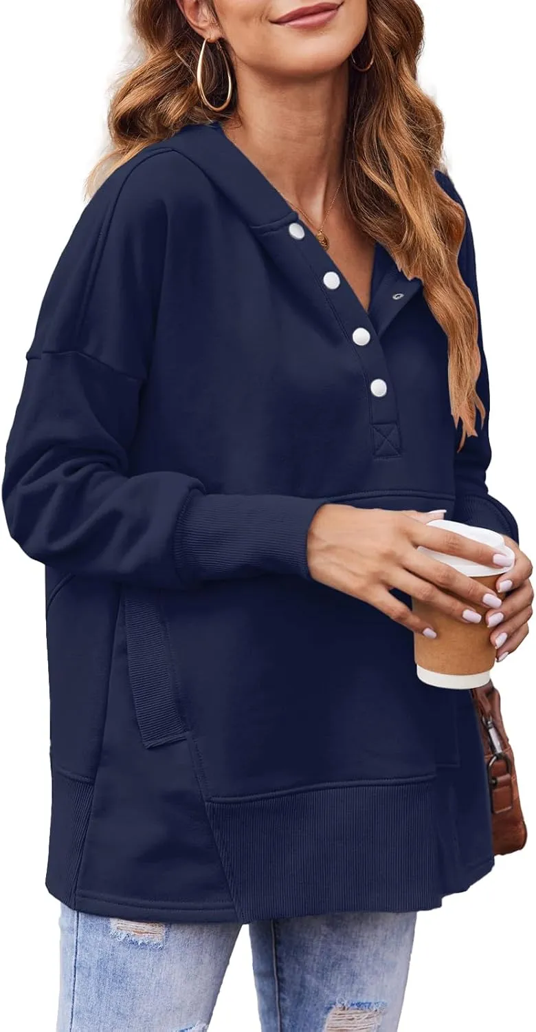 LaLaLa Women Button Down V Neck Hoodies Casual Long Sleeve Oversized Pullover Sweatshirt Hooded Tops with Pockets