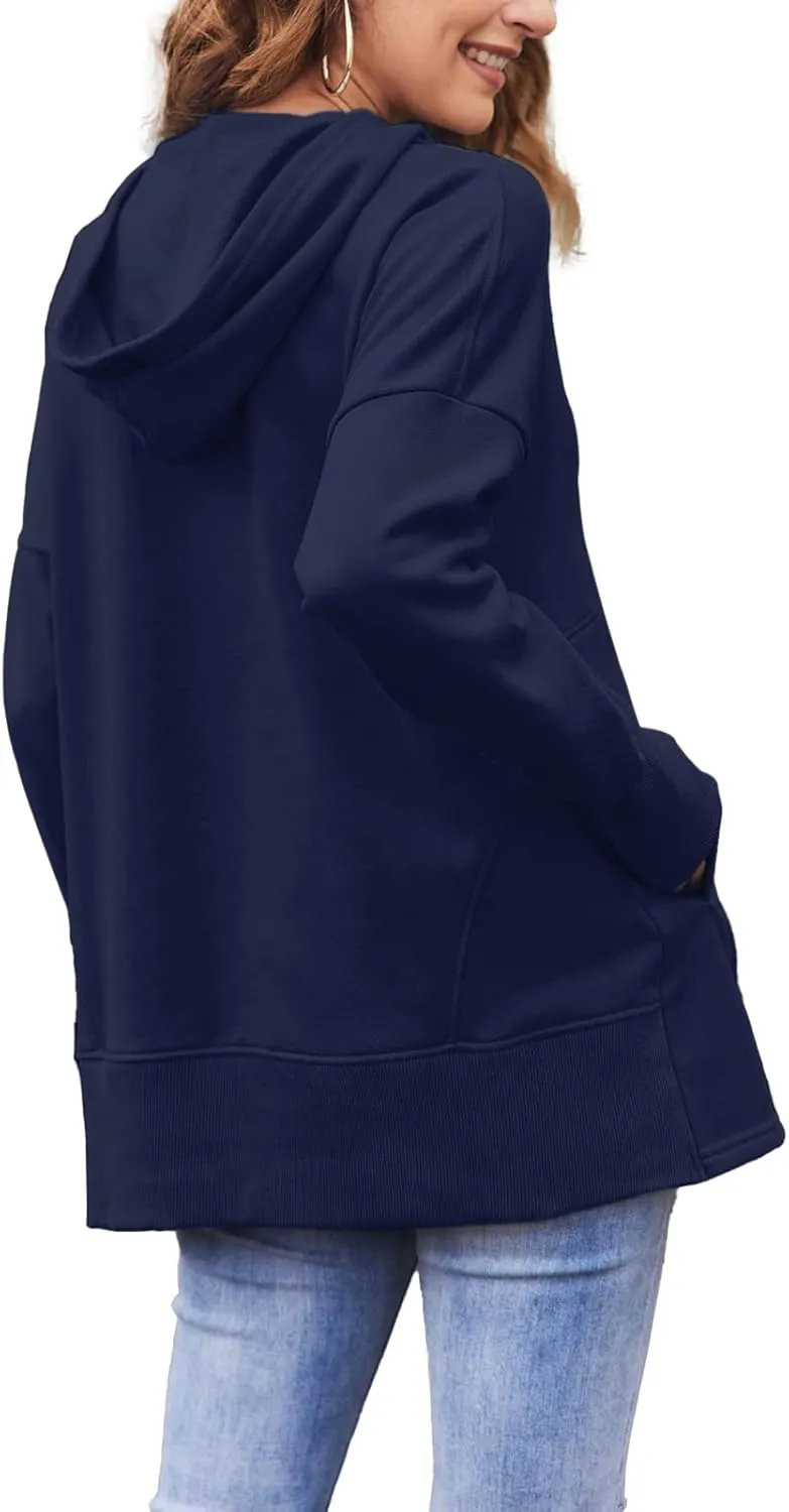 LaLaLa Women Button Down V Neck Hoodies Casual Long Sleeve Oversized Pullover Sweatshirt Hooded Tops with Pockets