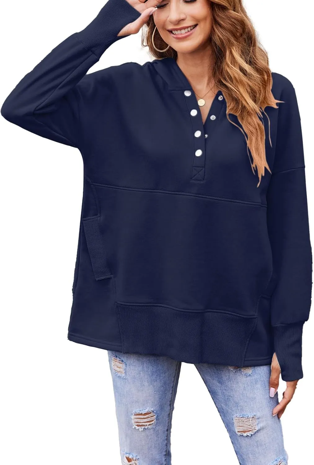 LaLaLa Women Button Down V Neck Hoodies Casual Long Sleeve Oversized Pullover Sweatshirt Hooded Tops with Pockets