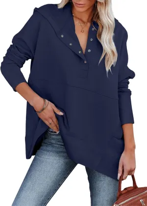 LaLaLa Women Button Down V Neck Hoodies Casual Long Sleeve Oversized Pullover Sweatshirt Hooded Tops with Pockets