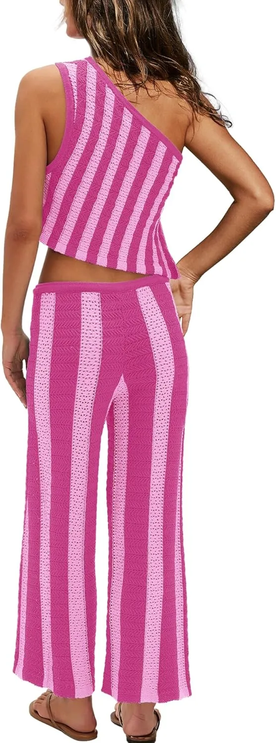 LAMISSCHE Striped Womens Sets 2 Piece Outfits Summer Matching Sets Sexy Beach Crochet Crop Tank Top and Pants Sets