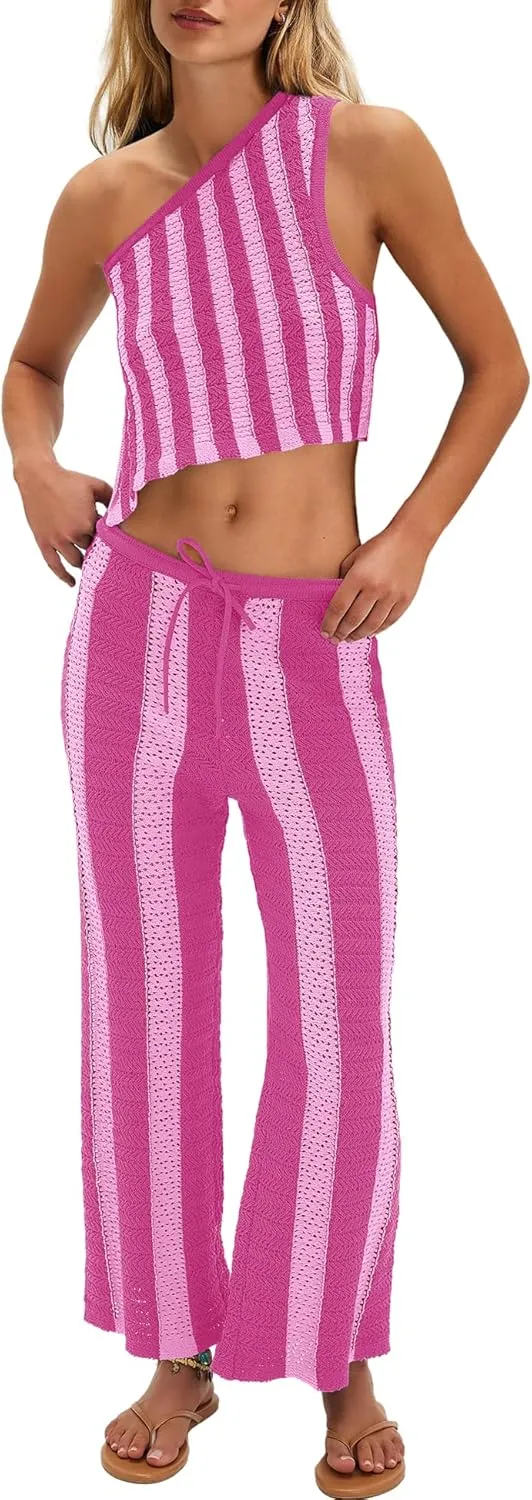 LAMISSCHE Striped Womens Sets 2 Piece Outfits Summer Matching Sets Sexy Beach Crochet Crop Tank Top and Pants Sets