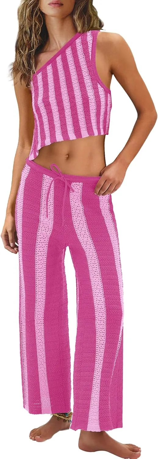 LAMISSCHE Striped Womens Sets 2 Piece Outfits Summer Matching Sets Sexy Beach Crochet Crop Tank Top and Pants Sets