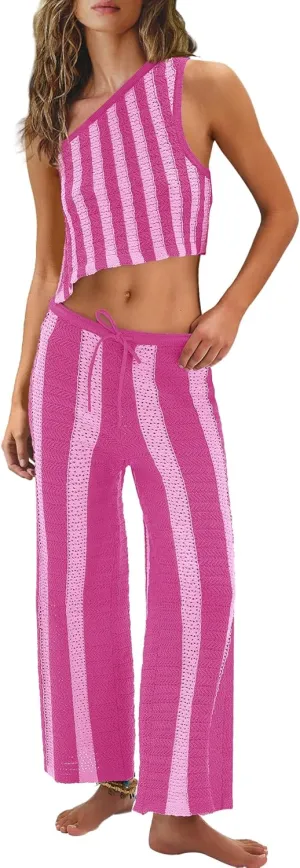 LAMISSCHE Striped Womens Sets 2 Piece Outfits Summer Matching Sets Sexy Beach Crochet Crop Tank Top and Pants Sets