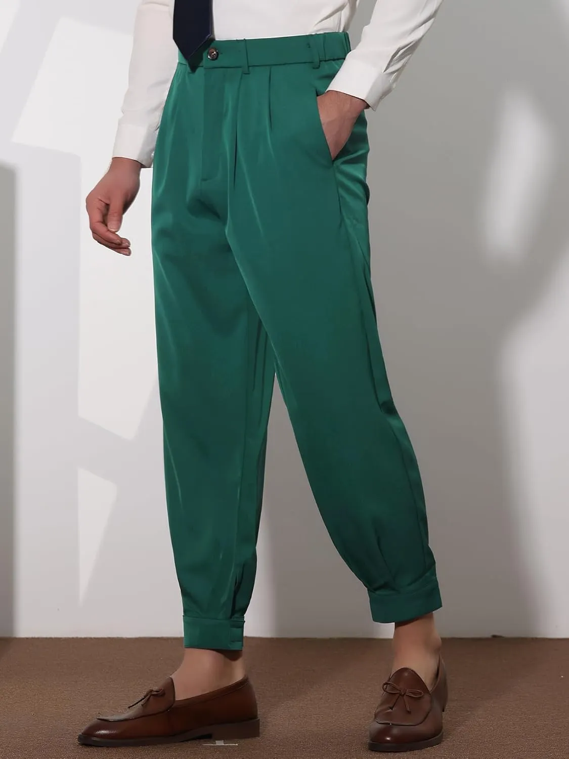Lars Amadeus Cropped Formal Pants for Men's Solid Color Double Pleated Tapered Dress Pants