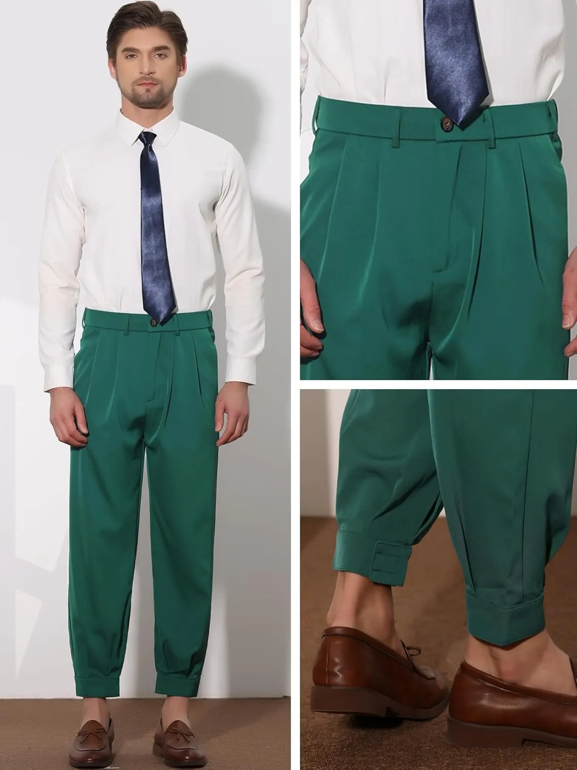 Lars Amadeus Cropped Formal Pants for Men's Solid Color Double Pleated Tapered Dress Pants