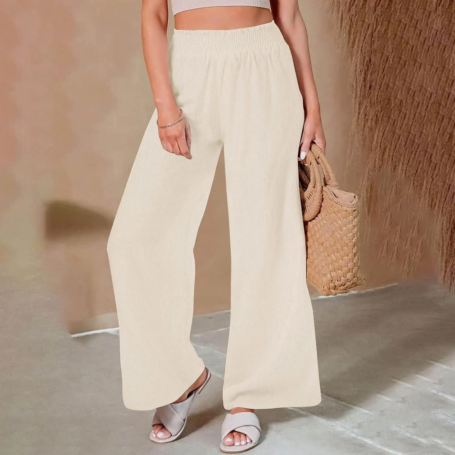 Linen Pants for Women Smocked High Waisted Flowy Palazzo Pants Casual Wide Leg Trousers with Pockets Summer Clothes