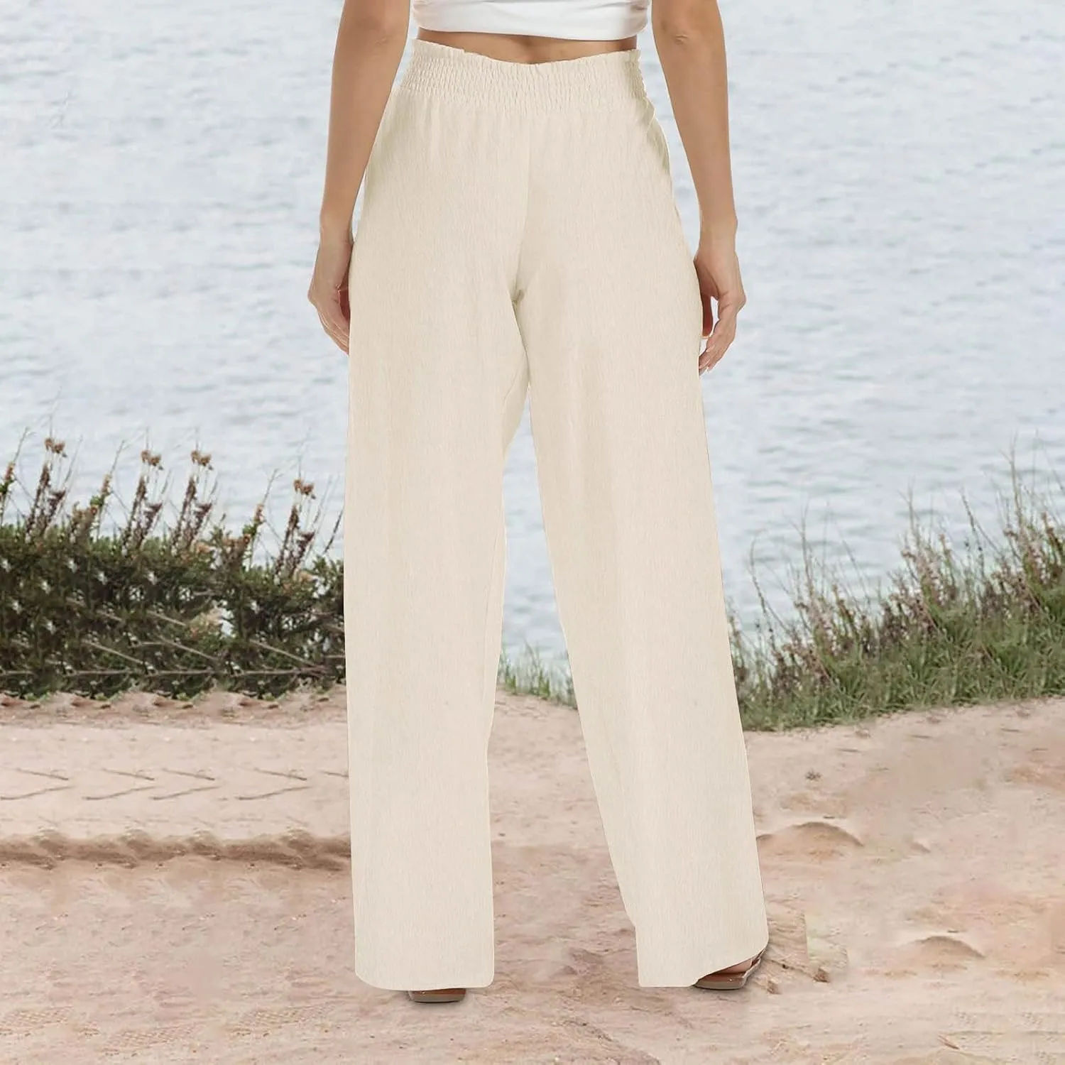 Linen Pants for Women Smocked High Waisted Flowy Palazzo Pants Casual Wide Leg Trousers with Pockets Summer Clothes