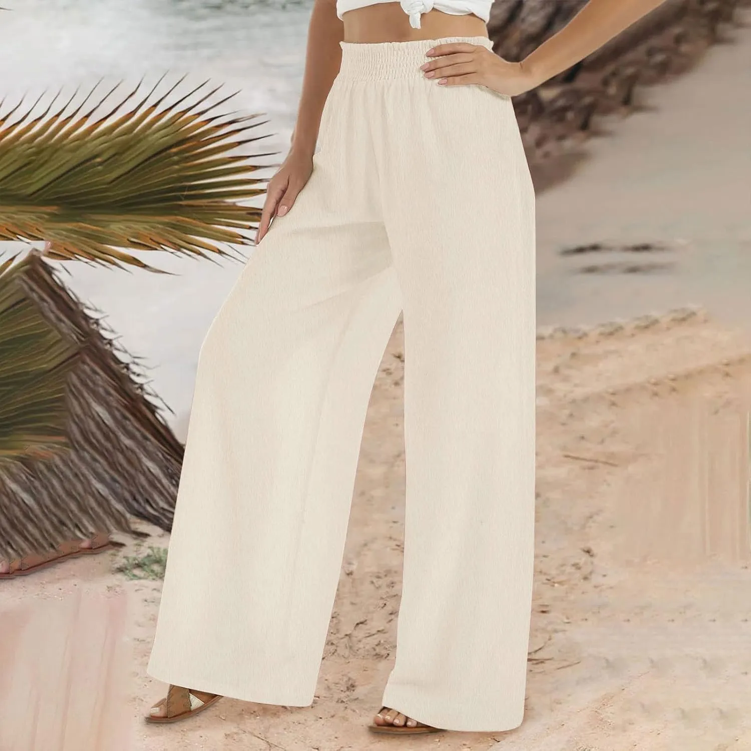 Linen Pants for Women Smocked High Waisted Flowy Palazzo Pants Casual Wide Leg Trousers with Pockets Summer Clothes