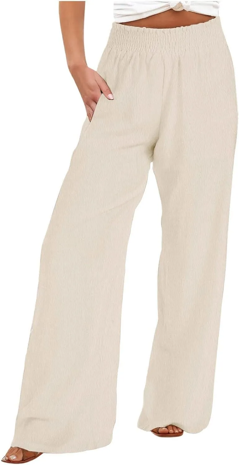 Linen Pants for Women Smocked High Waisted Flowy Palazzo Pants Casual Wide Leg Trousers with Pockets Summer Clothes