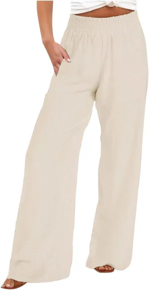 Linen Pants for Women Smocked High Waisted Flowy Palazzo Pants Casual Wide Leg Trousers with Pockets Summer Clothes