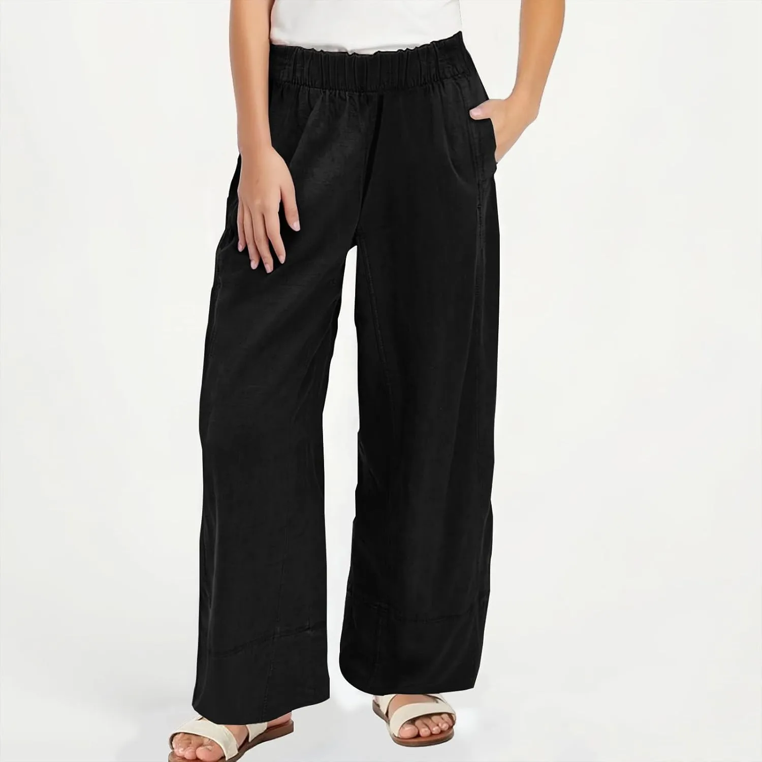 Linen Pants for Women,Wwomens Casual Summer 2025 Drawstring Elastic High Waist Pant Comfy Solid Wide Leg Trouser
