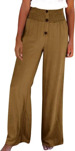 Linen Pants Women Smocked High Waisted Palazzo Pants Ladies Dressy Casual Loose Fit Wide Leg Trousers Summer Clothes