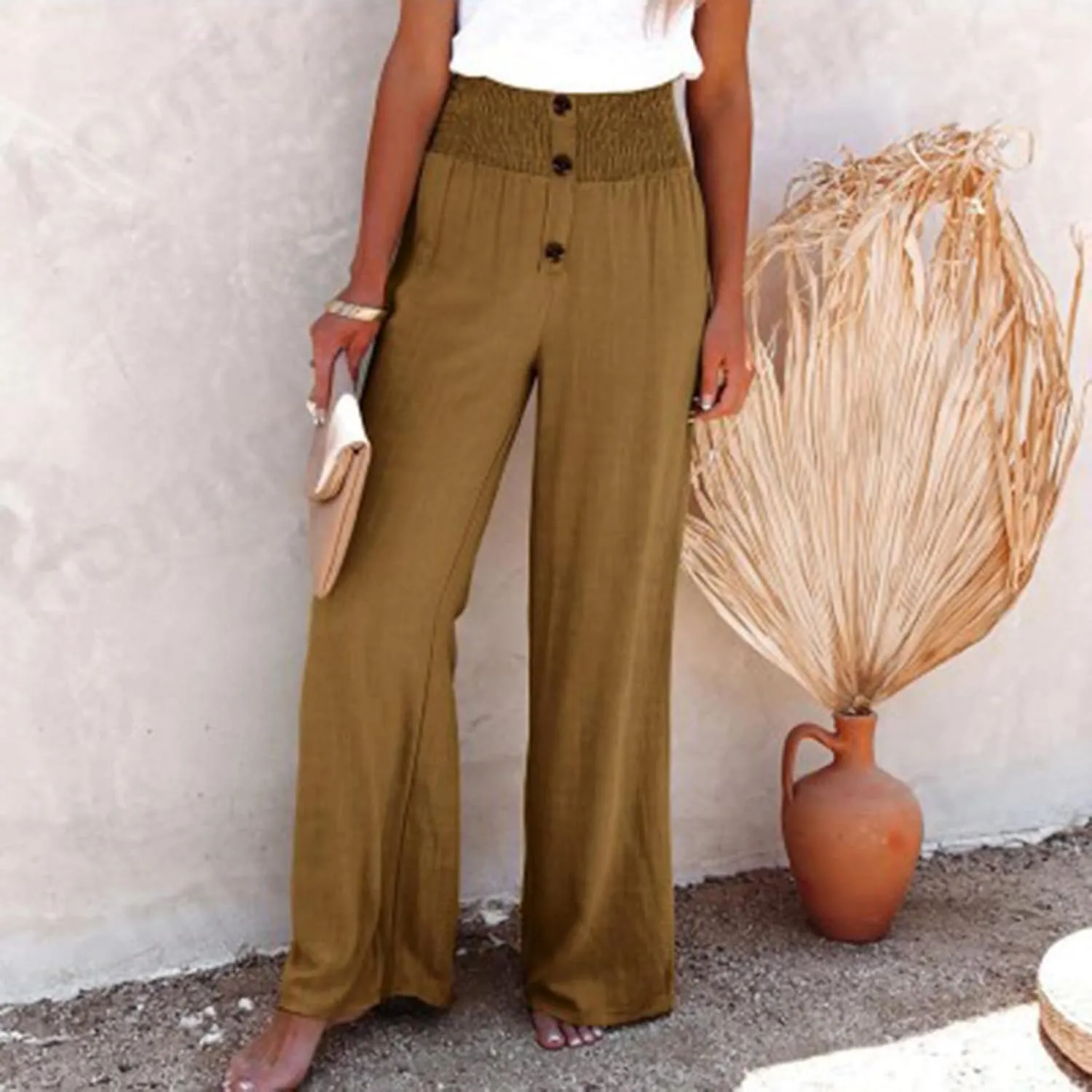 Linen Pants Women Smocked High Waisted Palazzo Pants Ladies Dressy Casual Loose Fit Wide Leg Trousers Summer Clothes