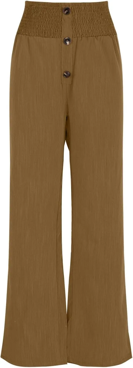 Linen Pants Women Smocked High Waisted Palazzo Pants Ladies Dressy Casual Loose Fit Wide Leg Trousers Summer Clothes
