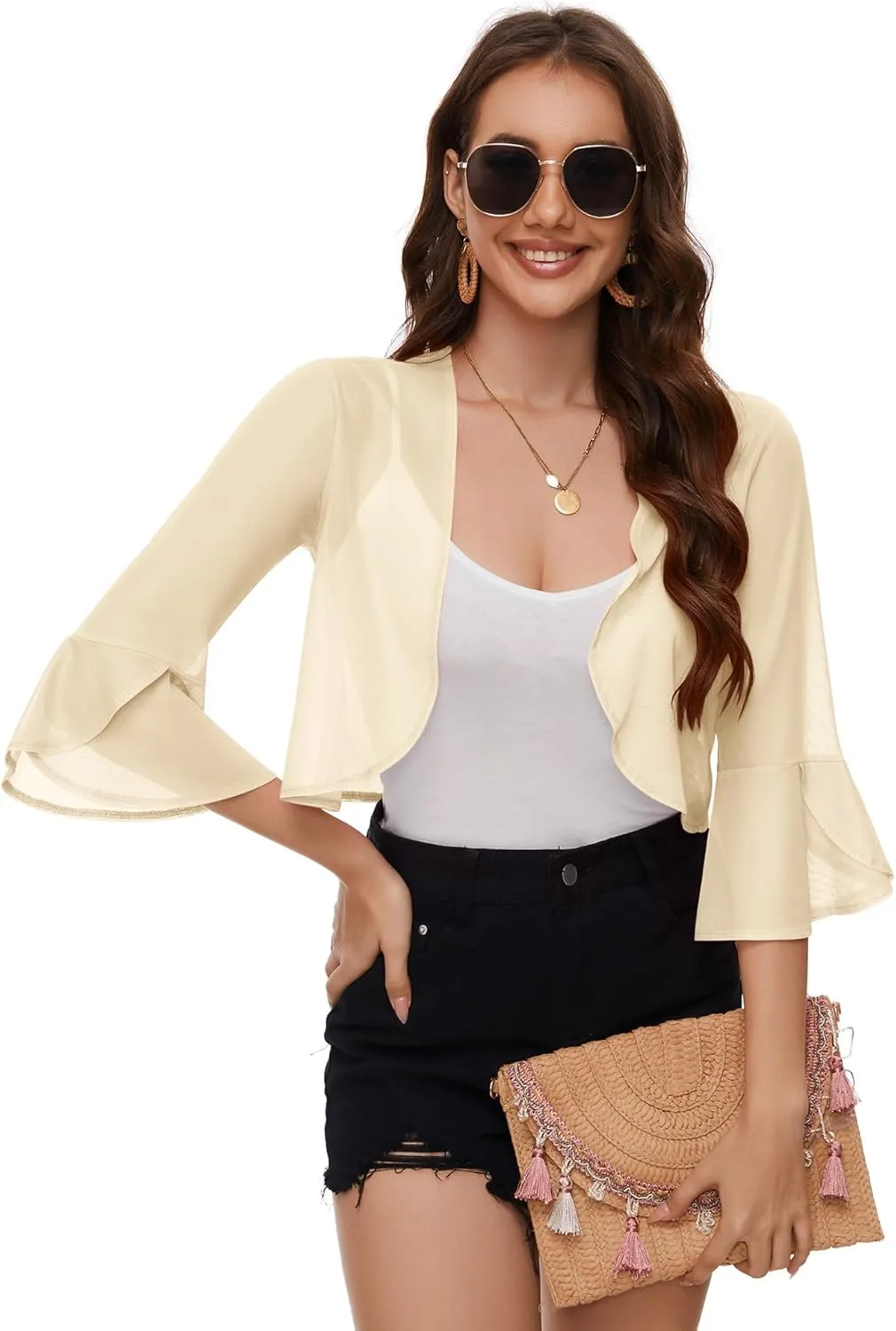 LOMON 3/4 Sleeve Cropped Cardigan for Women Lightweight Open Front Bolero Shrug for Dresses
