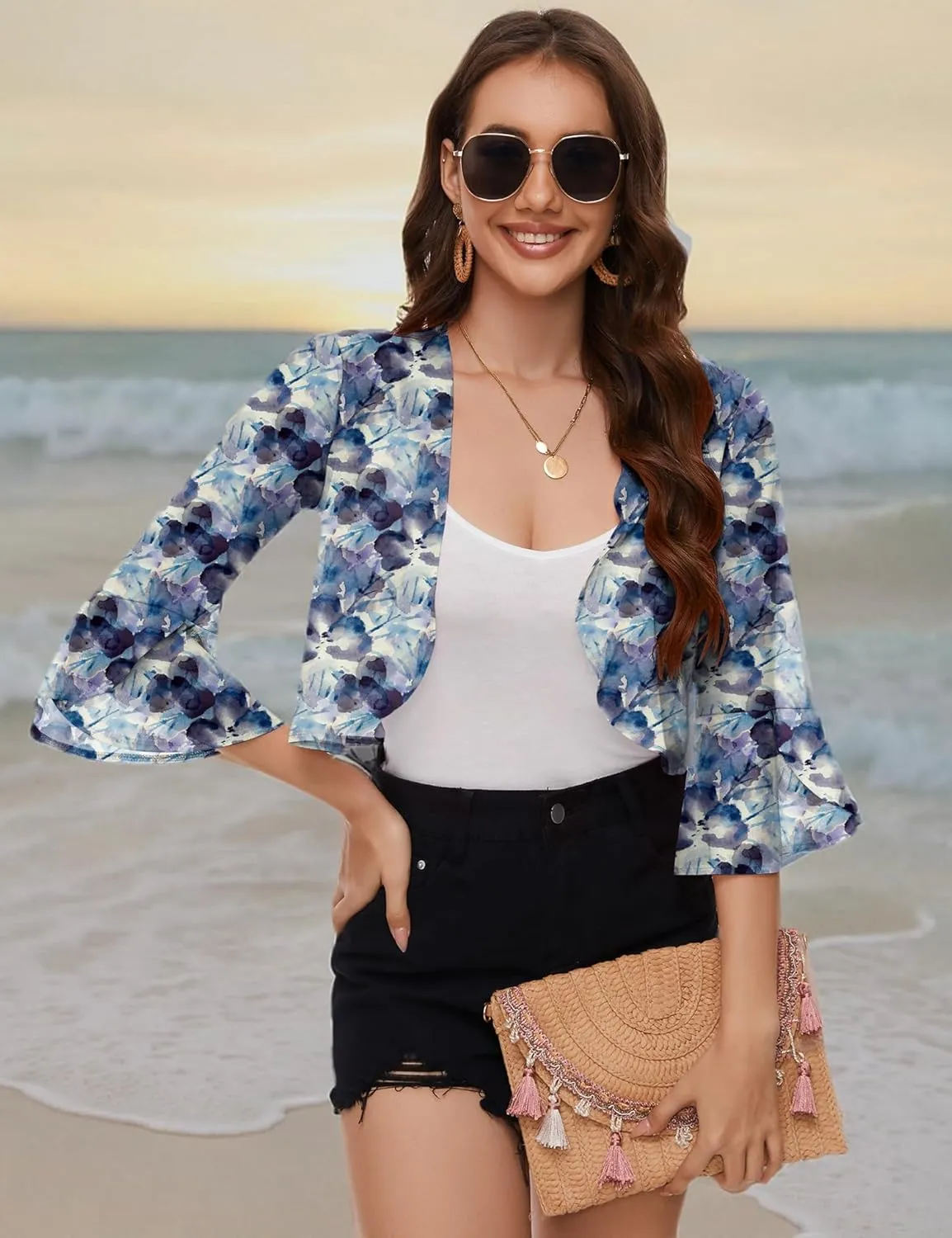 LOMON 3/4 Sleeve Cropped Cardigan for Women Lightweight Open Front Bolero Shrug for Dresses