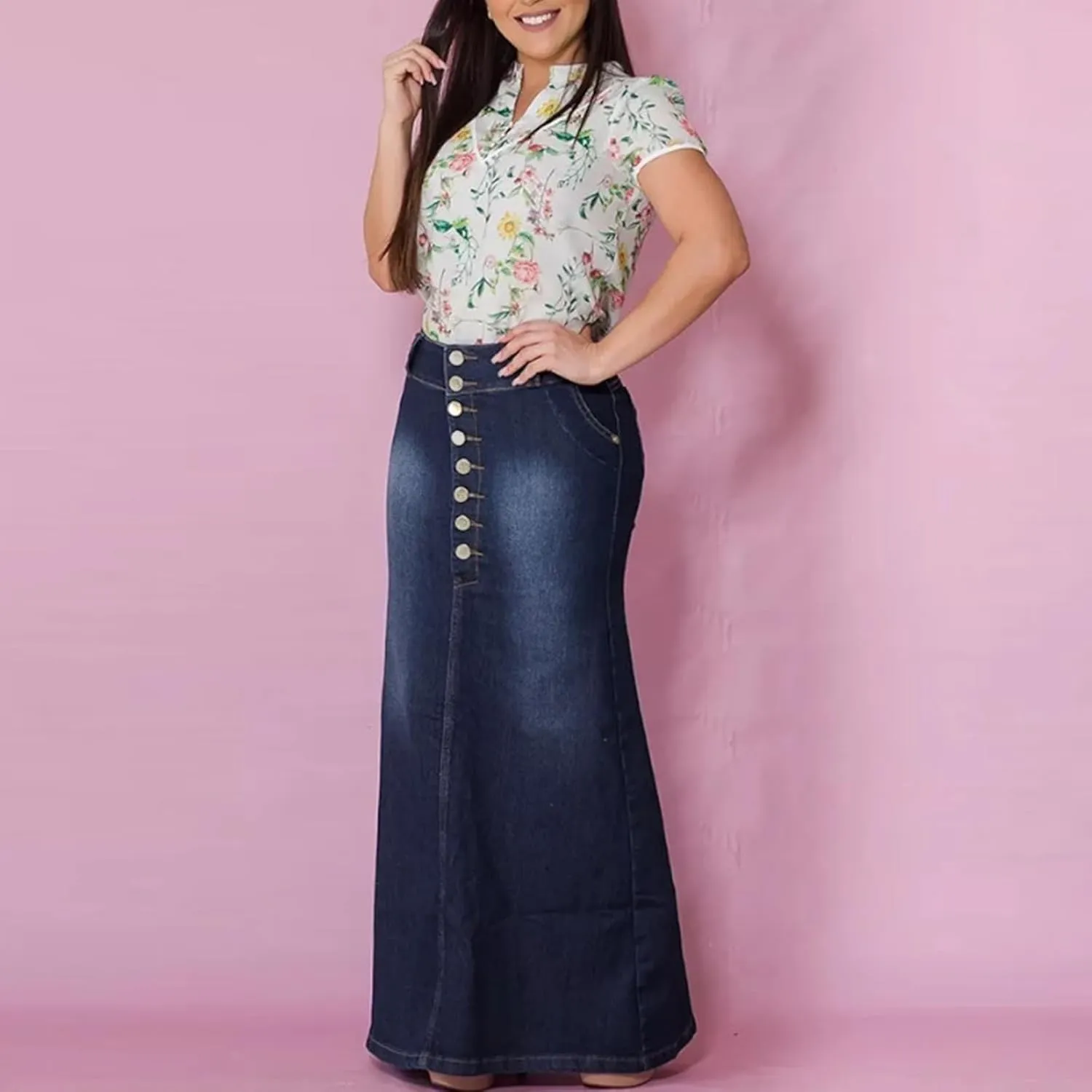Long Skirts for Women Hip-Wrapped Buttons Denim Skirt A-Line Maxi Jean Skirts Trendy Slim Jeans Skirt with Pocket