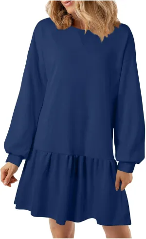 Long Sleeve Tshirt Dress for Women Plus Size Crewneck Pullover Tops Patchwork Sweatshirt Dress Casual Mini Dresses