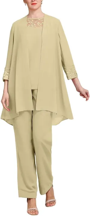 Long Sleeves 3 Pieces Mother of The Bride Pant Suits Sets Wedding Guest Lace with Jacket