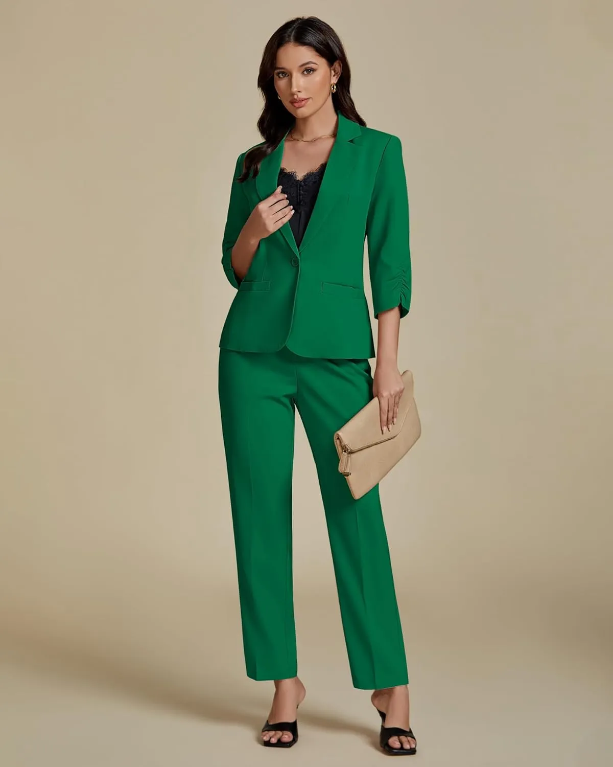 luvamia Pant Suits for Women Dressy 2 Piece Business Casual Outfits 3/4 Sleeve Blazer Straight Leg Pant Sets Office Work