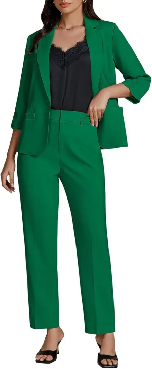 luvamia Pant Suits for Women Dressy 2 Piece Business Casual Outfits 3/4 Sleeve Blazer Straight Leg Pant Sets Office Work