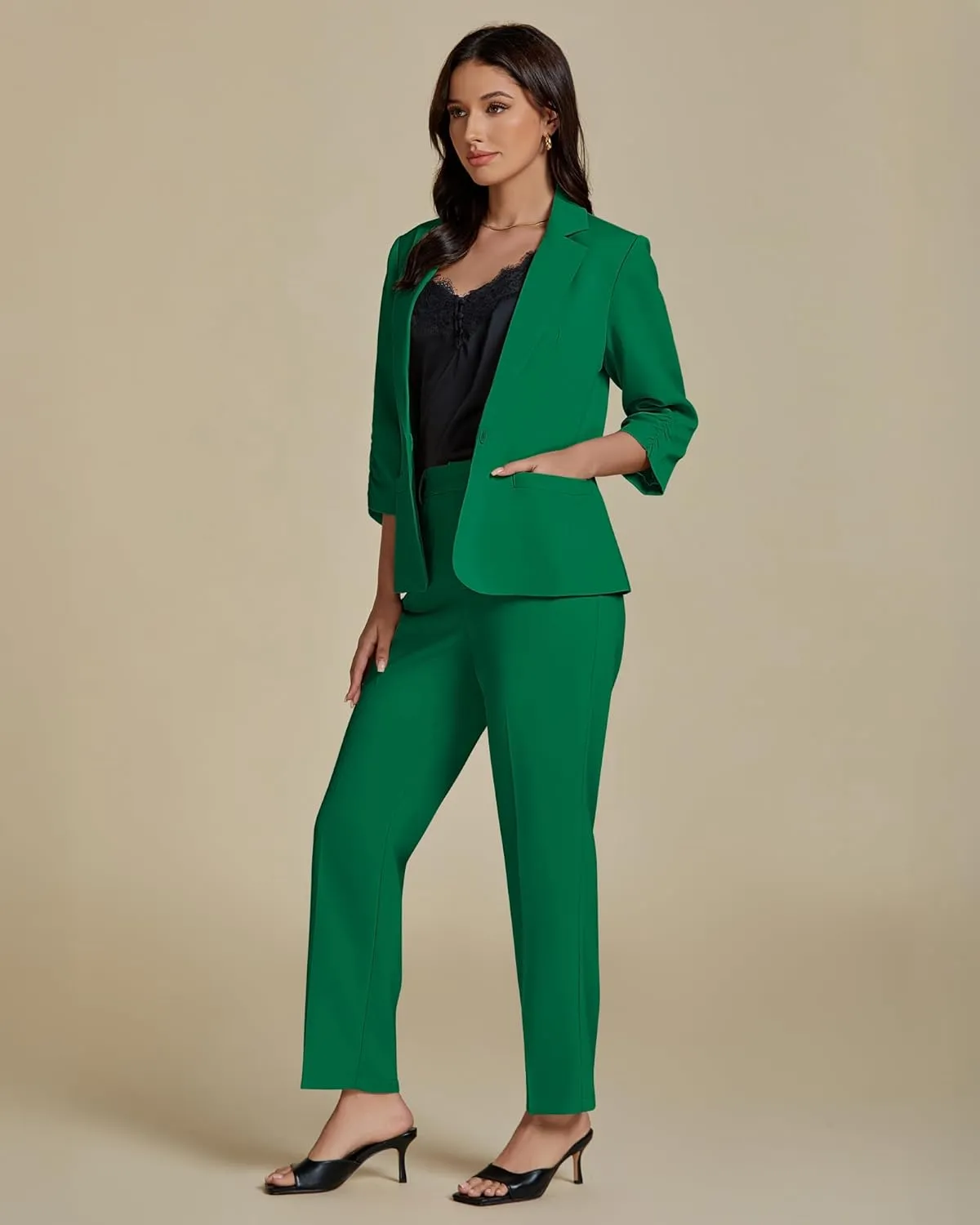 luvamia Pant Suits for Women Dressy 2 Piece Business Casual Outfits 3/4 Sleeve Blazer Straight Leg Pant Sets Office Work