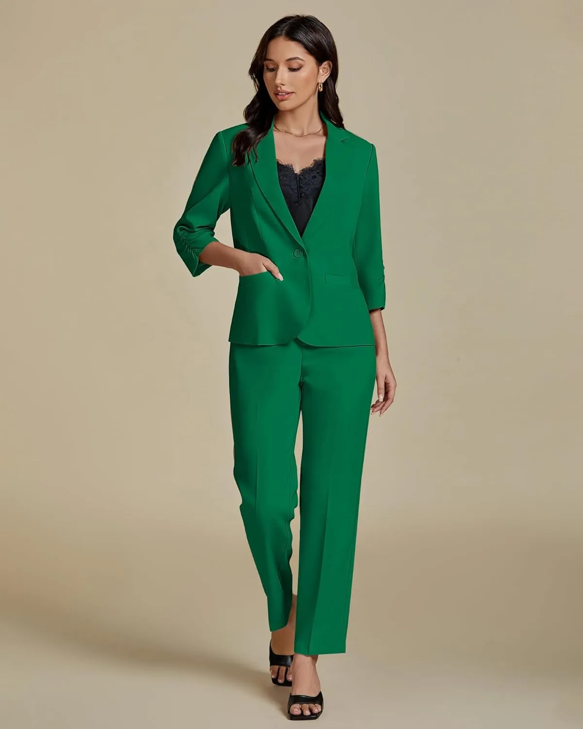 luvamia Pant Suits for Women Dressy 2 Piece Business Casual Outfits 3/4 Sleeve Blazer Straight Leg Pant Sets Office Work