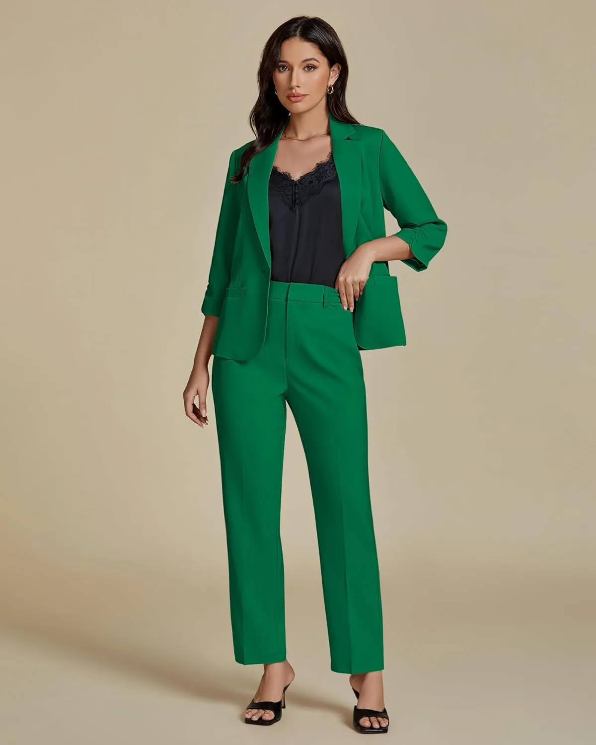 luvamia Pant Suits for Women Dressy 2 Piece Business Casual Outfits 3/4 Sleeve Blazer Straight Leg Pant Sets Office Work