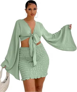 LYANER Women's 2 Piece Outfits Tie Knot Front Bell Long Sleeve Crop Top and Mini Skirt Set