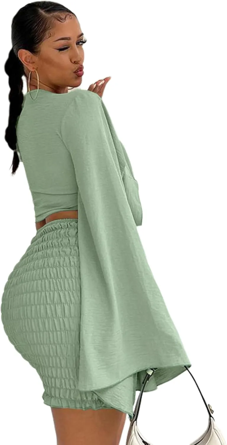 LYANER Women's 2 Piece Outfits Tie Knot Front Bell Long Sleeve Crop Top and Mini Skirt Set