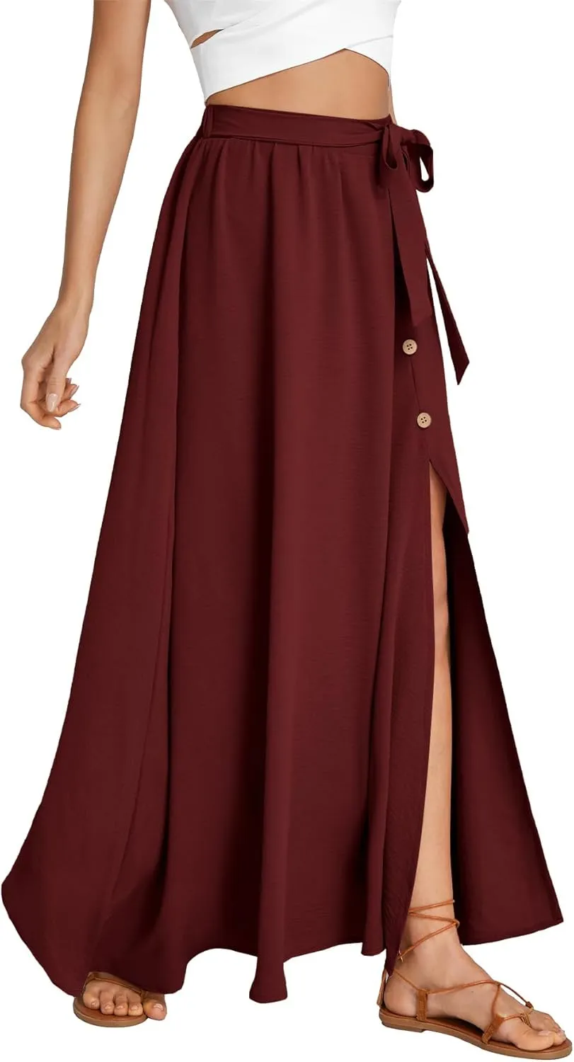 LYANER Women's Casual Tie Waist Button Front Split Skirts High Waist Swing Flowy Maxi Skirt