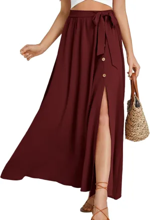 LYANER Women's Casual Tie Waist Button Front Split Skirts High Waist Swing Flowy Maxi Skirt