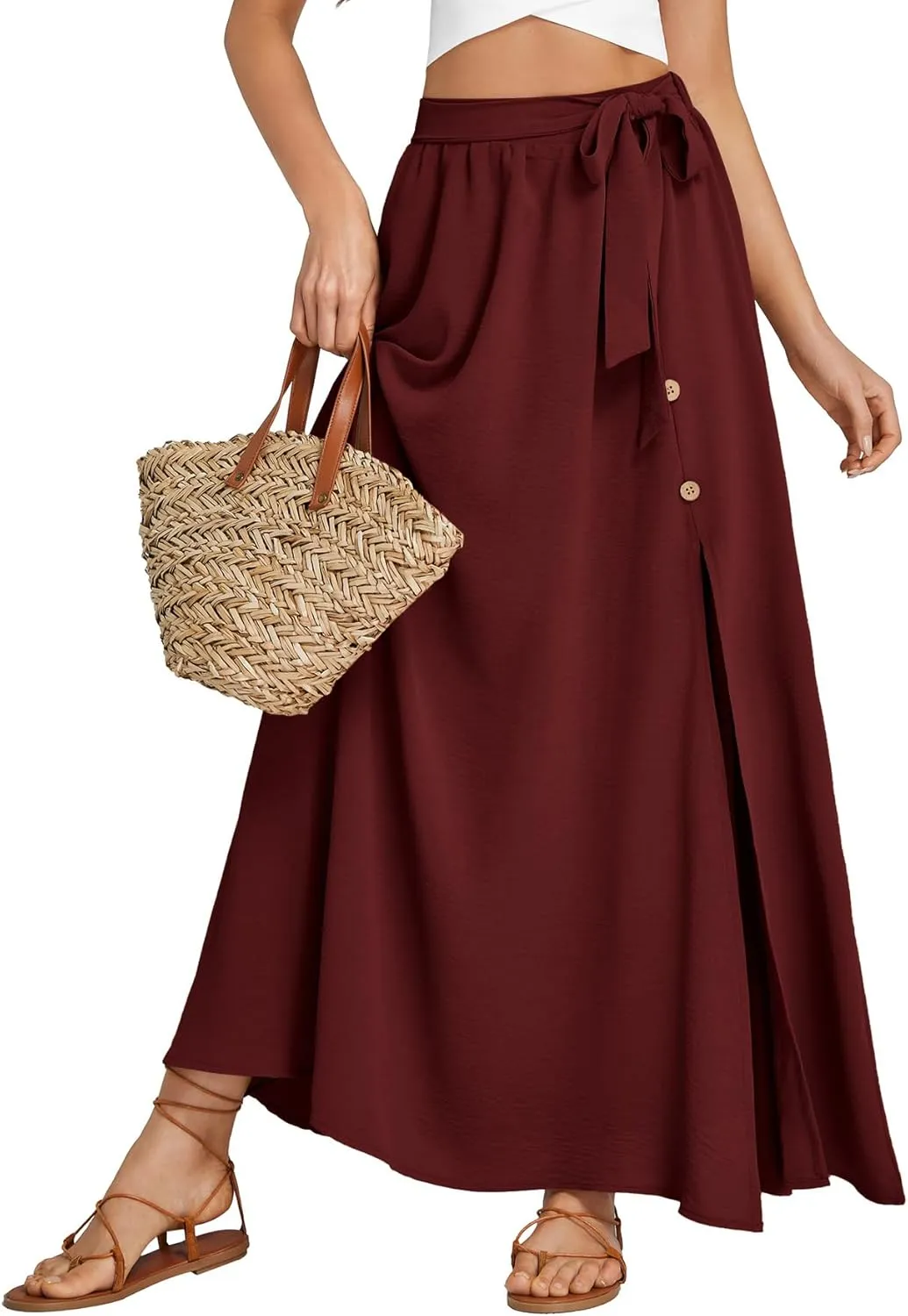 LYANER Women's Casual Tie Waist Button Front Split Skirts High Waist Swing Flowy Maxi Skirt