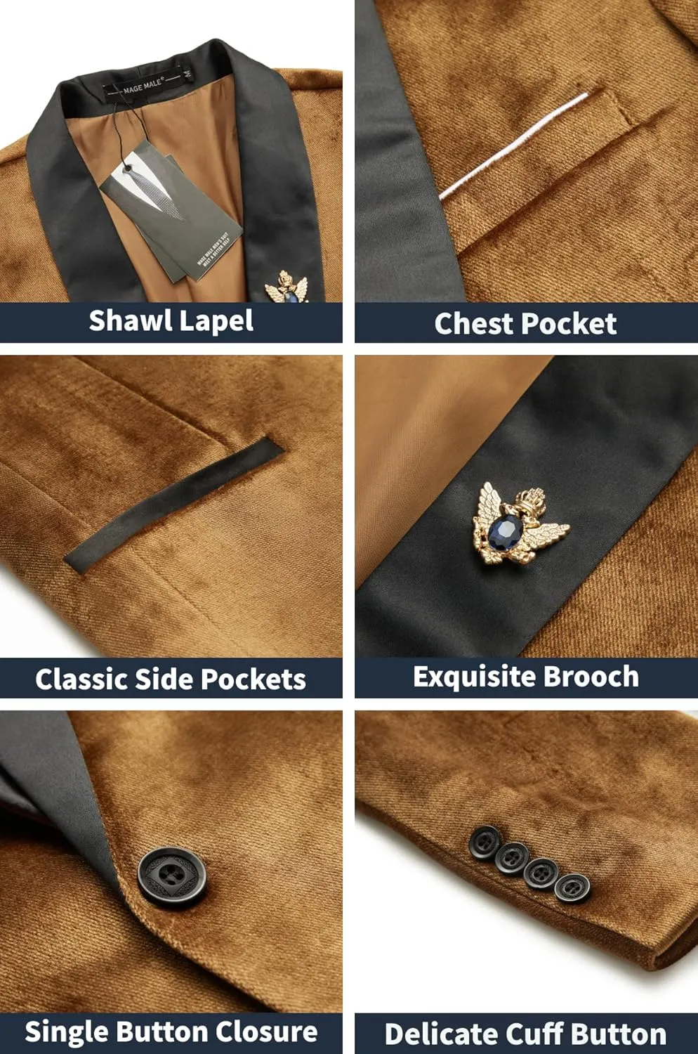 MAGE MALE Men's Velvet Slim Fit Suit Blazer Jacket Shawl Lapel One Button Dinner Prom Wedding Tuxedo
