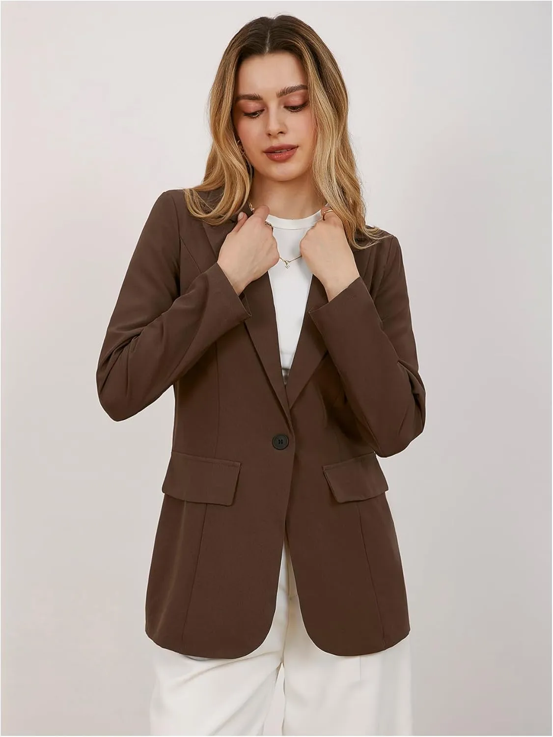 MakeMeChic Women's Lapel Neck Long Sleeve Blazer Suit Single Breasted Loose Fit Coat