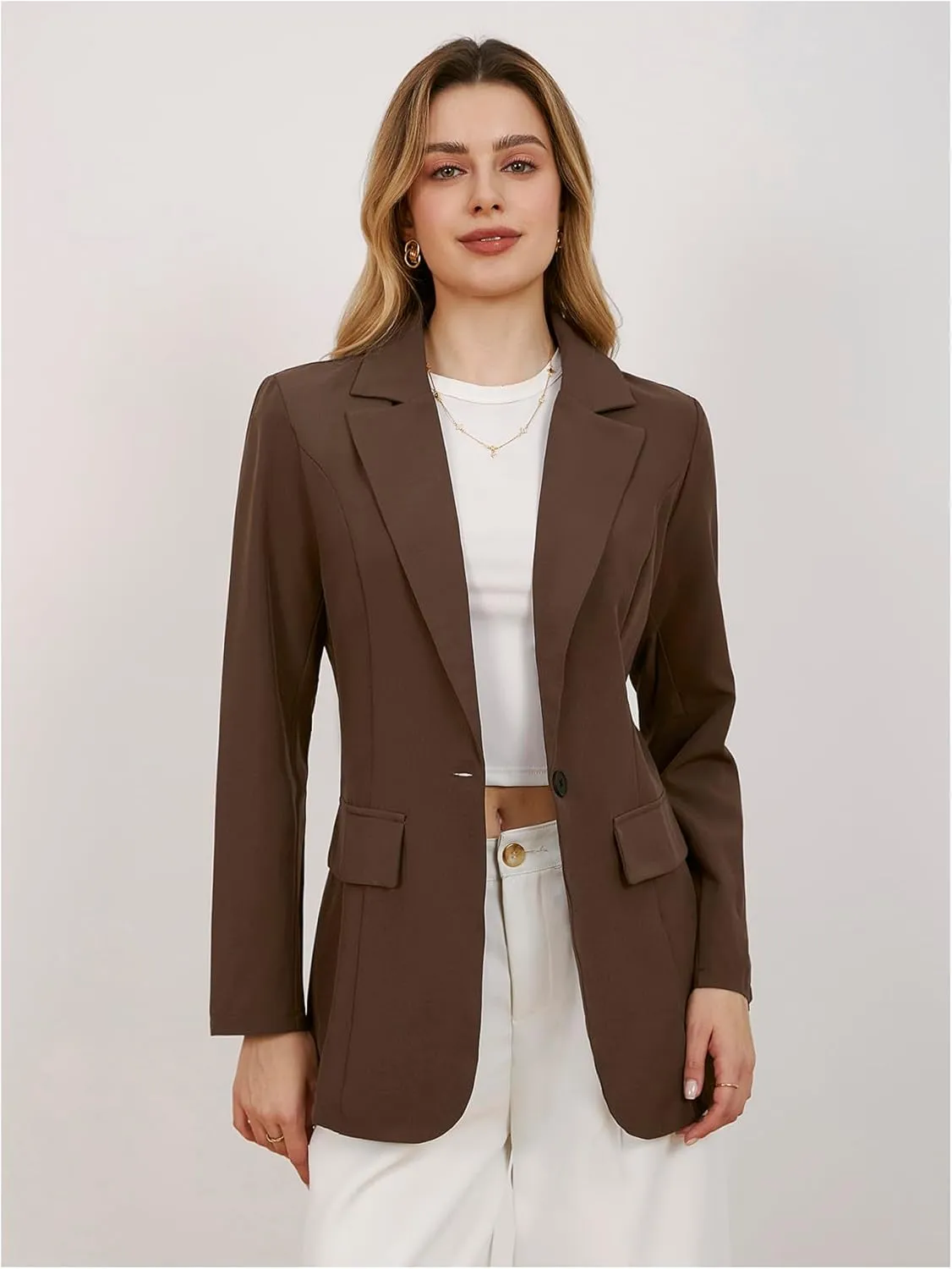 MakeMeChic Women's Lapel Neck Long Sleeve Blazer Suit Single Breasted Loose Fit Coat