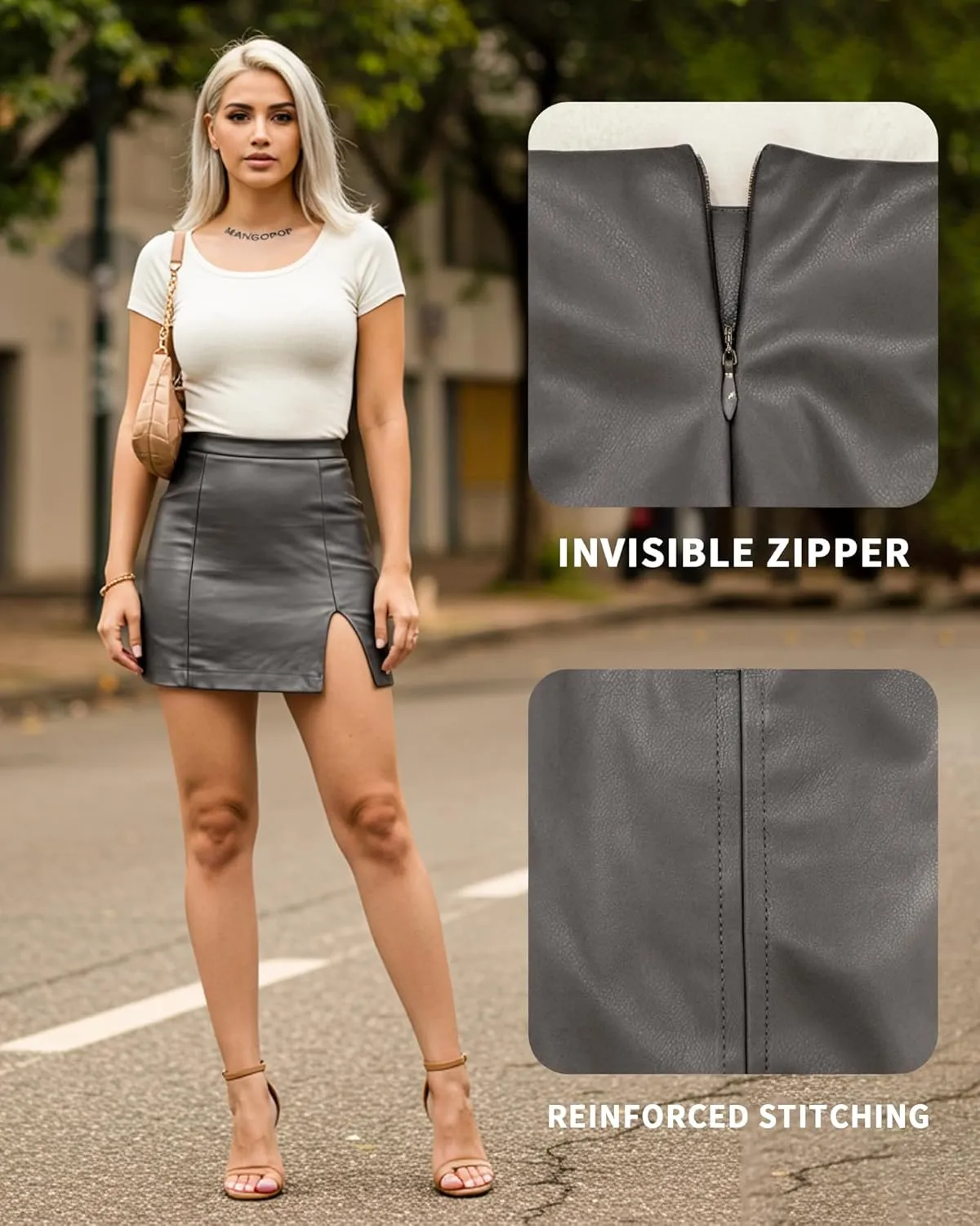 MANGOPOP Womens High Waist Bodycon Mini Short Faux Leather Skirt with Slit