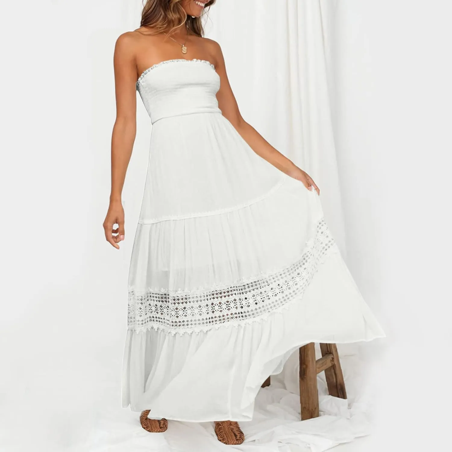 Maxi Dresses for Women Summer Bohemian Tube Strapless Sundress Off Shoulder Lace Trim Flowy A Line Beach Dress