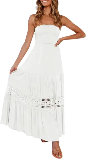 Maxi Dresses for Women Summer Bohemian Tube Strapless Sundress Off Shoulder Lace Trim Flowy A Line Beach Dress