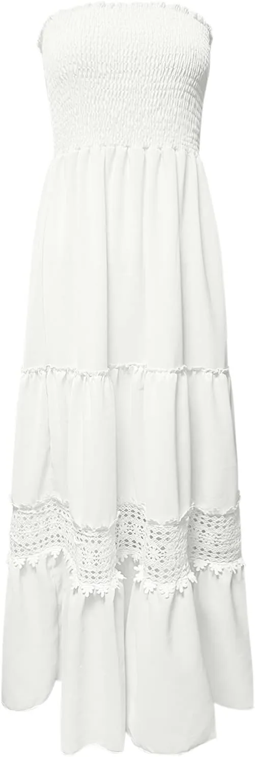 Maxi Dresses for Women Summer Bohemian Tube Strapless Sundress Off Shoulder Lace Trim Flowy A Line Beach Dress
